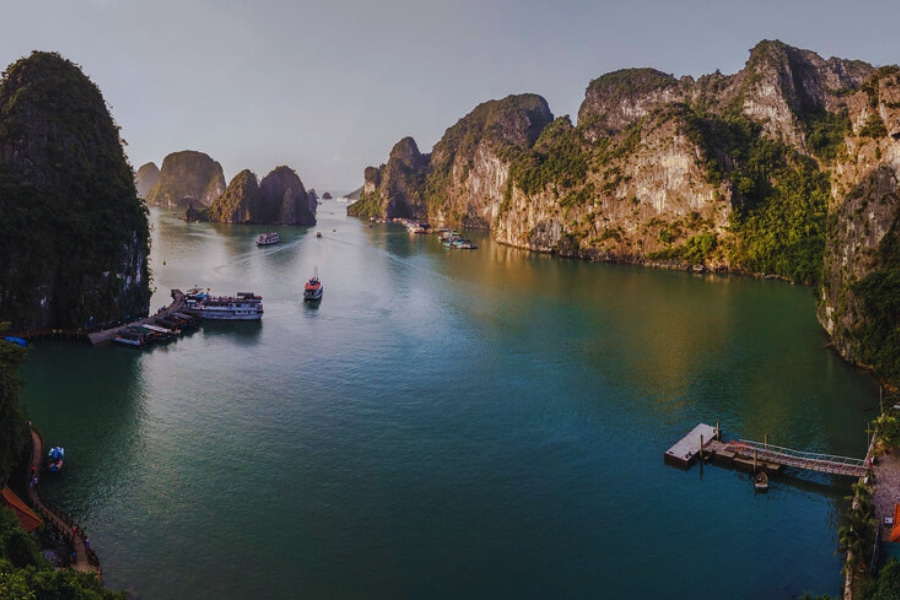 Panoramic harbor view with boats on Halong Bay Day Cruises by Auasia Travel